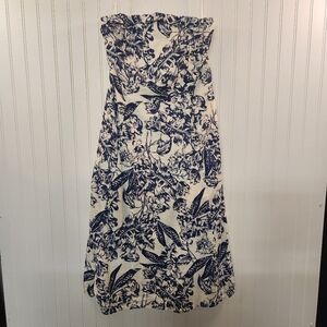 Abercrombie & Fitch Women White/Blue Floral Linen Texture Strapless Dress Size L